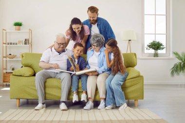 Mutlu, dost canlısı, çok nesilli aile, geçmiş günlerin güzel anılarını saklar. Büyük, çok nesilli bir aile oturma odasındaki kanepede toplanır ve fotoğraf albümlerine birlikte bakarlar.