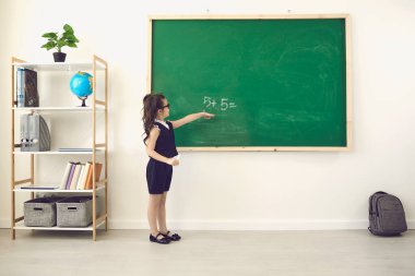 Okula dönelim. Tebeşir içindeki bir kız öğrencinin arka görünüşü sınıftaki bir okul tahtasında yazıyor. Okul Lyceum 'undaki öğrencilere eğitim eğitimi eğitimi dersleri.