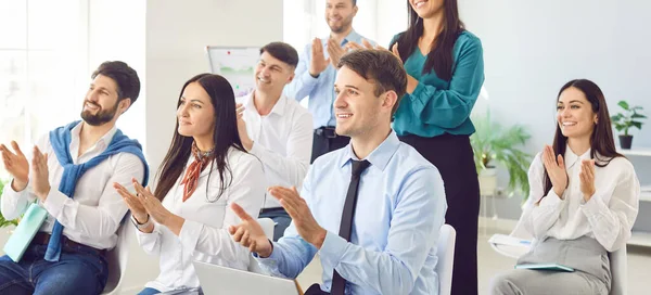 Happy business people applauding, office team cheering celebration, greeting, friends showing approval or praise by clapping, productive work, successful coaching, management, result admiration