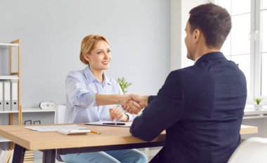 Hr manager happy to handshake, hire candidate at job interview, good first impression, client shakes hand of broker, showing respect, business agreement, congratulate on contract, professional promote