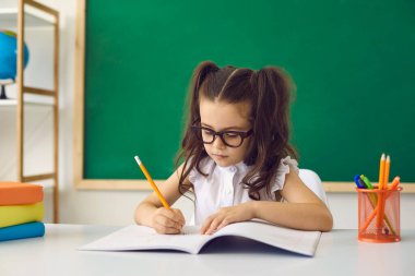 Okul konseptine geri dönelim. Gözlüklü zeki bir kız sınıfta bir masada otururken bir not defterinde bir kalemle yazar. Eğitimden ders almak, okuldaki çocuklar için görev denklemi.