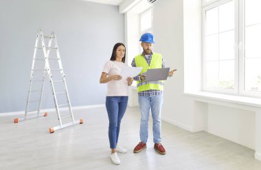 House repair decor planning, construction project, architect, customer discussing building architectural plan, agent determines price of real estate object for renovation, property reconstruction