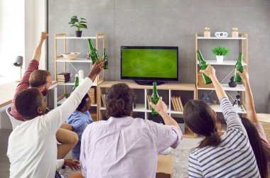 Back view of happy diverse friends have fun drink beer watch football match together on TV. Smiling multiracial young people relax with drinks at home enjoy sports game on television on weekend.