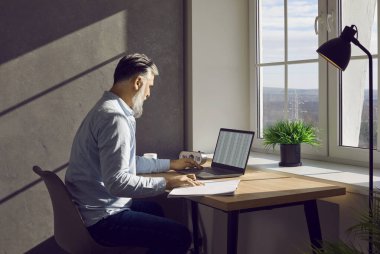 Businessman working with laptop and documents on his desk in office. Male accountant, analyst, financial manager sitting at desk in front of window planning, accounting report spreadsheet
