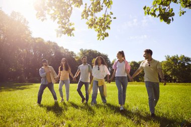Happy diverse group of friends, young people walking side by side across grassy field, green park, holding hands, enjoying summer time together, close moment of togetherness, friendship fun 
