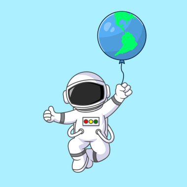 Astronot Dünya Balonu Vektör Çizgi Filmi Tasarımı ile Uçuyor