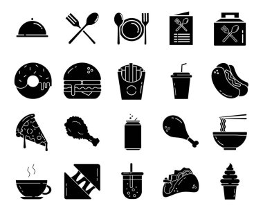 Simgeler Fast Food 'u Siluet Biçimli Vektör Resmini İzole Tasarım Olarak Ayarla