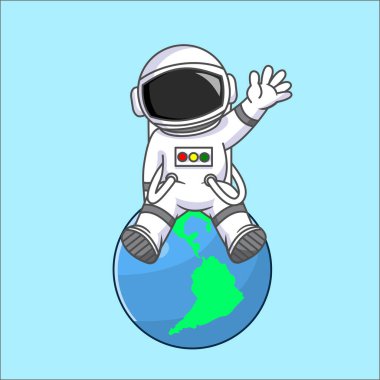 Şirin Astronot Dünya 'da Dalgalanan Merhaba, Düz Çizgi Film Biçimli Vektör İllüstrasyonu