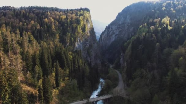 Vue aérienne de gorge sombre entre deux énormes falaises, la caméra vole vers l'avant 