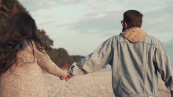 Par kärleksfulla makar promenader längs stranden nära havet de håller händerna — Stockvideo