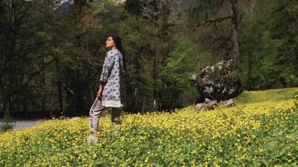 Mujer inspirada está de pie en el bosque cerca de las montañas y respirando aire fresco — Vídeos de Stock