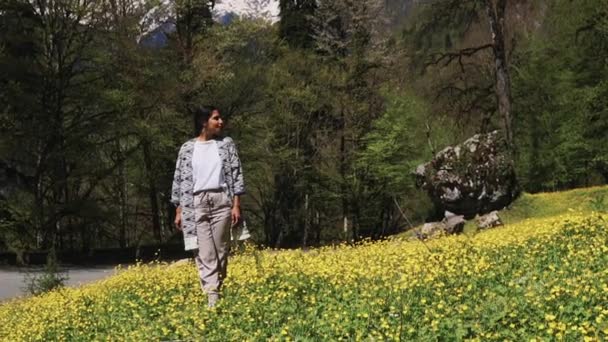 Young lady stopped by the road in order to look at stone that is in the field — Stock Video