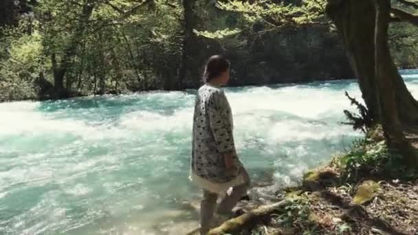 Frau nähert sich einem einsamen Baum stehend, um mit ihm zu sitzen und auf den Fluss zu schauen — Stockvideo