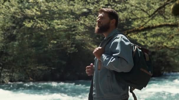 Felice viaggiatore adulto è in piedi nella foresta soleggiata e guardando in alto — Video Stock