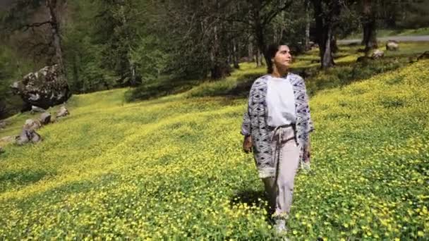 Fantástica chica dando un paseo por el bosque . — Vídeos de Stock