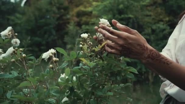 Mujer con tatuajes mehendi en sus manos está oliendo rosas arbustivas cerca de la mansión — Vídeos de Stock