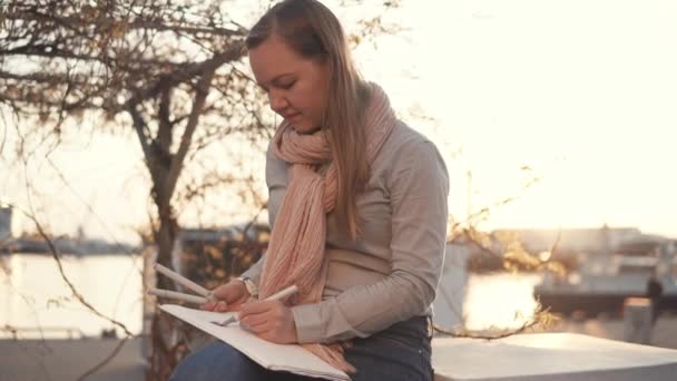 Artista donna sta disegnando immagine seduta in un parco al tramonto — Video Stock