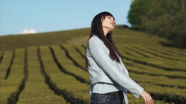 Menina encantadora passar o tempo na plantação . — Vídeo de Stock