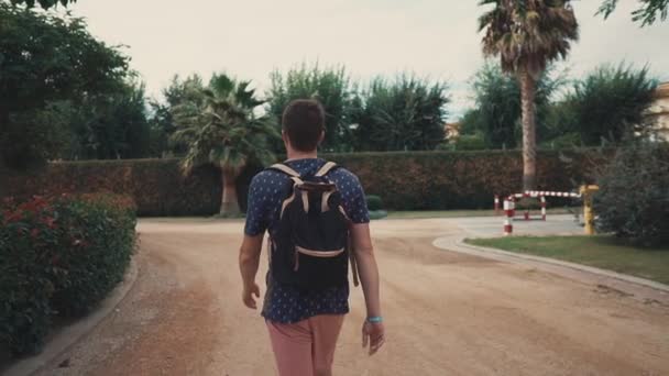 L'uomo turistico perduto sta camminando nell'area tropicale del giardino del parco, vista posteriore — Video Stock