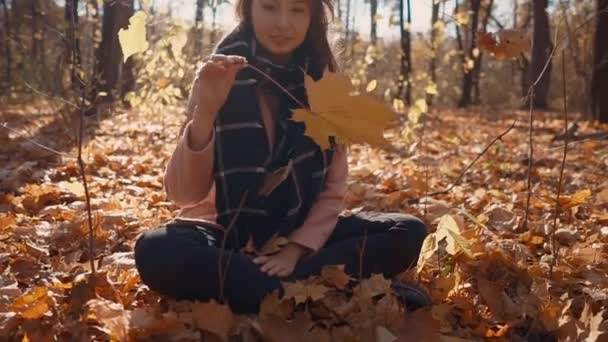 Menina bonito em uma floresta dourada . — Vídeo de Stock