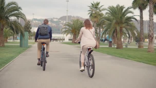 Man och kvinna Rider cyklar i stads parken i molnigt dag på sommaren, back View — Stockvideo