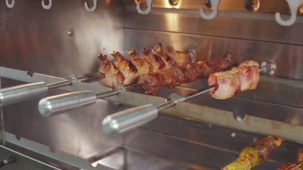 Spiesjes met verschillende soorten vlees het roosteren binnen elektro Brazier — Stockvideo