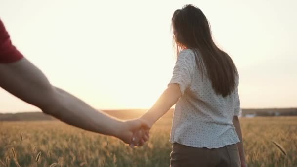 Pretty brunette woman is walking with her boyfriend in field, turning back — Stock Video