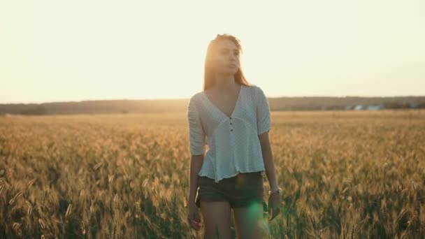 Бойкая девушка гуляет в одиночестве на закате на золотых полях с пшеницей — стоковое видео