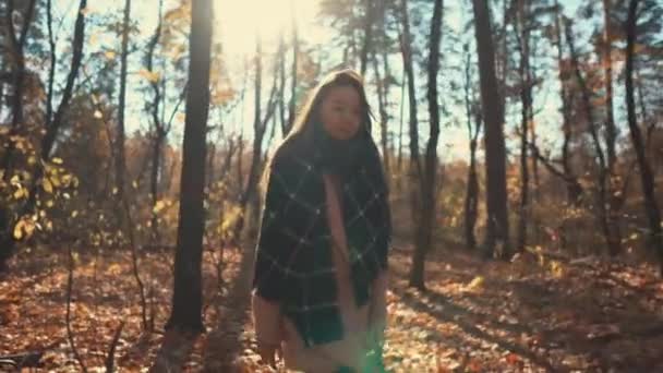 Mooie jonge vrouw rust in het Park in de herfst, wandelen op de grond in het zonnige dag — Stockvideo