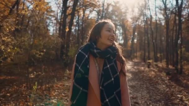 Mulher morena feliz está indo no caminho na floresta de outono entre árvores nuas — Vídeo de Stock