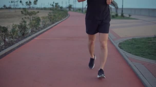 Мужчина бегун движется по спортивной дорожке в парке, используя фитнес-трекер под рукой — стоковое видео