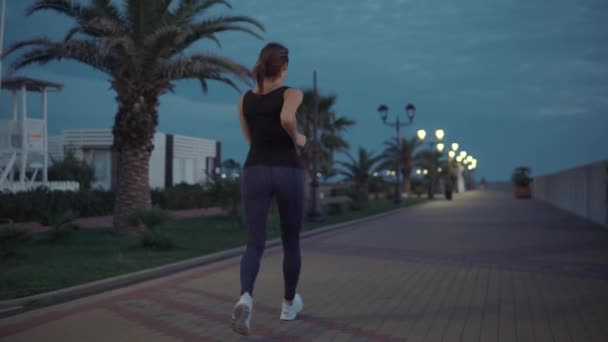 Młody szczupły Sportsmen jest jogging w noc czas w miasto nasyp, widok z tyłu — Wideo stockowe