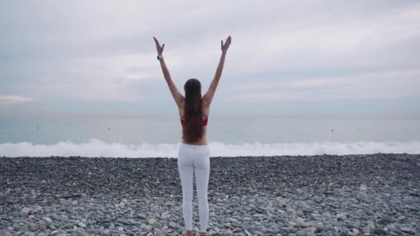 Brunette dame est relaxant regarder la mer, debout et méditer sur la plage — Video