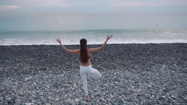 Η γυναίκα στέκεται στο ένα πόδι και διαλογίζεται στην μπροστινή θάλασσα τη μέρα. — Αρχείο Βίντεο