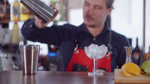 Barman ve dne třese koktejlem v baru a používá dva kovové šálky — Stock video