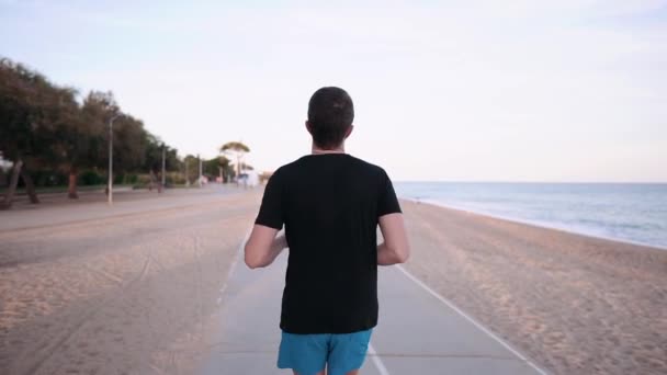 El hombre está corriendo en la zona del parque cerca de la pintoresca orilla del mar en la ciudad turística, vista trasera — Vídeos de Stock