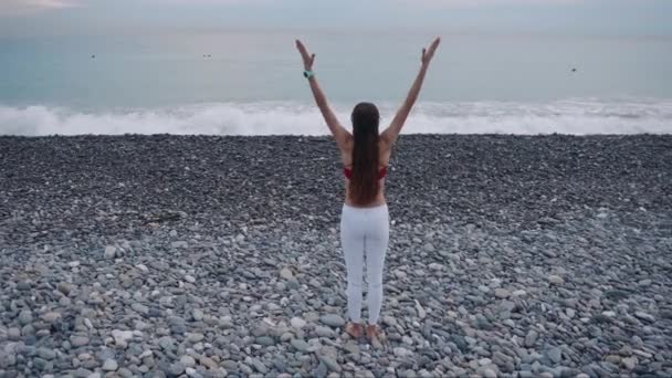 Prise de vue lointaine d'une femme de yoga sur la plage . — Video