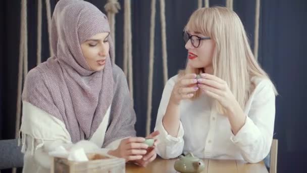 Zróżnicowana para kobiet rozmawia w restauracji. — Wideo stockowe