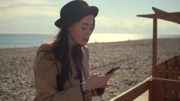 Beach Shot av tonåring chatta online. — Stockvideo