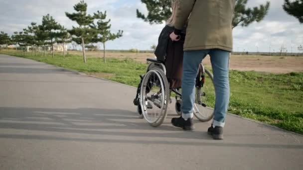 Мужчина катает инвалидное кресло с молодой больной женщиной на улице, с видом сзади и сбоку — стоковое видео
