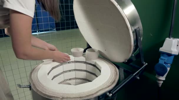 Potter puts her craft in a furnance — Stock Video