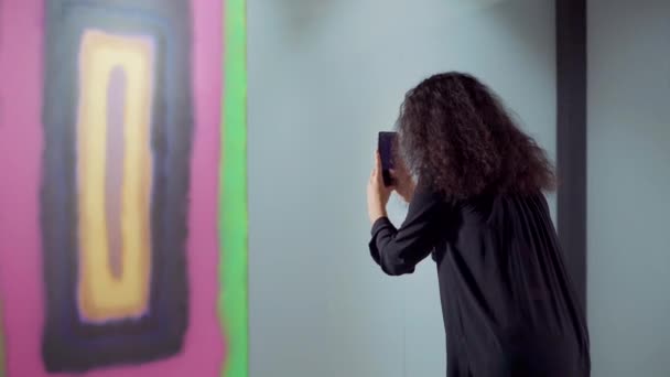 갈색 머리 여자는 스마트 폰을 사용하여 전시에서 추상사진의 사진을 찍고있다 — 비디오