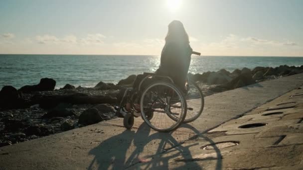 Mujer discapacitada en silla de ruedas mirando al mar — Vídeos de Stock