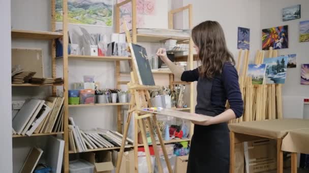 Kunstenaar begint te werken aan haar schilderij — Stockvideo