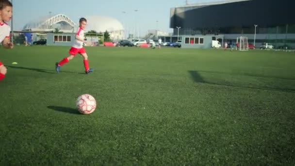 Pequeno jogador de futebol está marcando gol — Vídeo de Stock