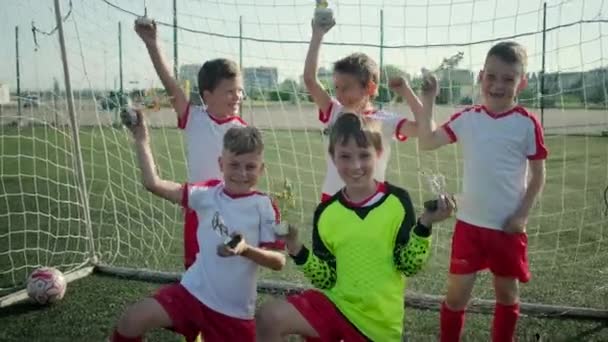 Победа футбольной команды маленьких мальчиков демонстрирует награды на стадионе — стоковое видео