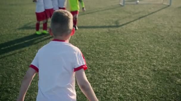 Team av små pojkar fotbollsspelare omfamnar — Stockvideo