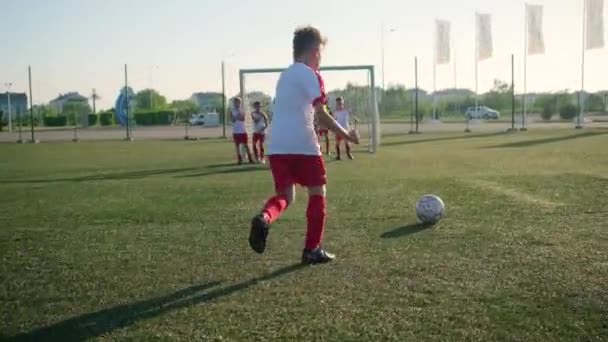 Team av små fotbollsspelare som spelar fotboll — Stockvideo