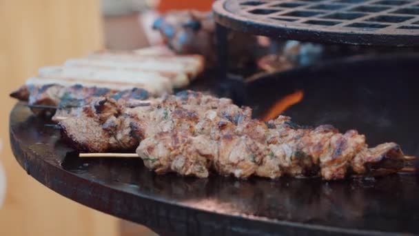 Баклажаны и мясо жарят на гриле — стоковое видео