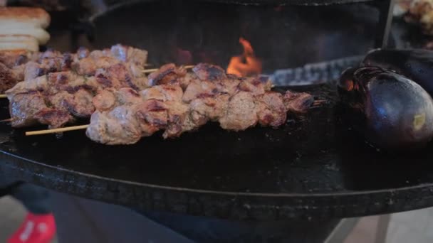 Grillmat, pølser og auberginer stekes på fyrfat – stockvideo